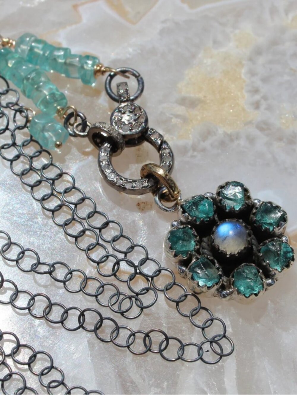 Minimalist Silver Apatite Necklace with Diamond Pave Clasp